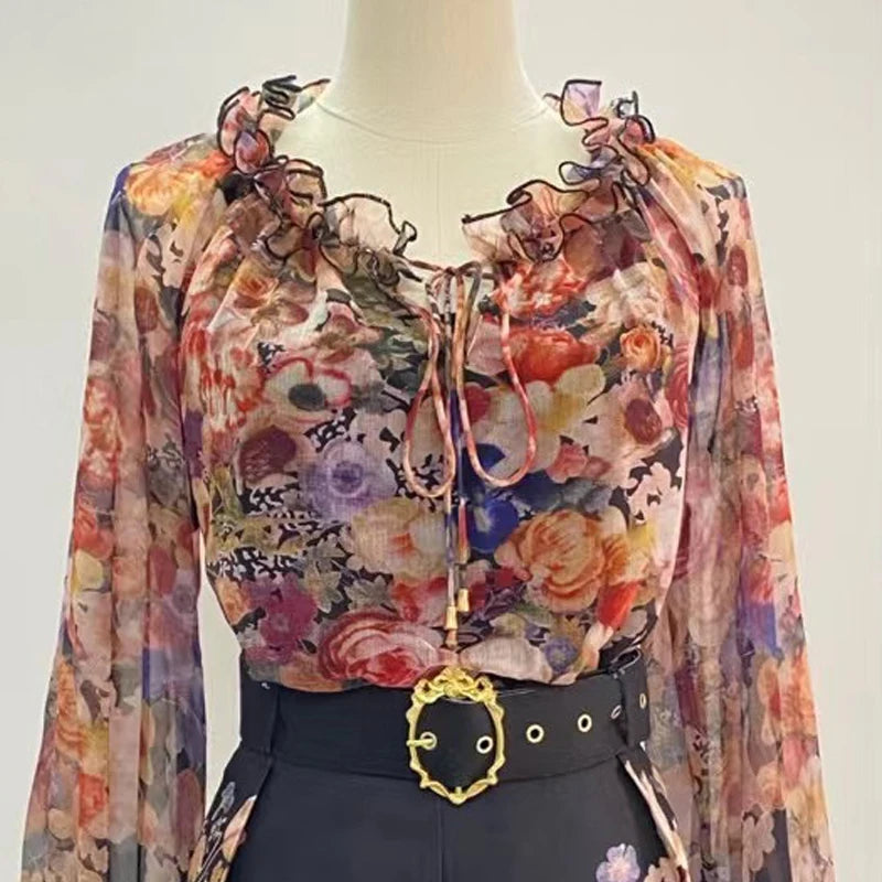 Real Shot Spot Australia New Positioning Printing Top Three-Dimensional Flower Lace-up Top + Wide Leg Shorts Suit Women