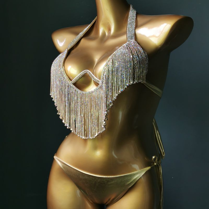 Sexy Push Up Gathered Bikini Luxury Crystal Diamond Women's Swimsuit High-End Rhinestone Tassel Triangle Swimwear