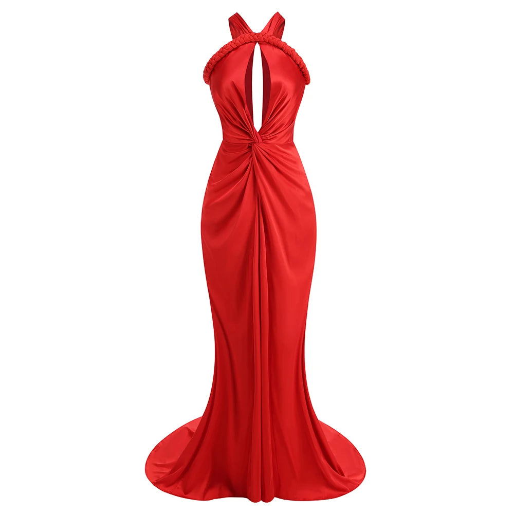Rosered Red Color Women Sexy Off the Shoulder Halter Backless Long Mermaid Dress Elegant Evening Party Celebrate Wedding Dress Red