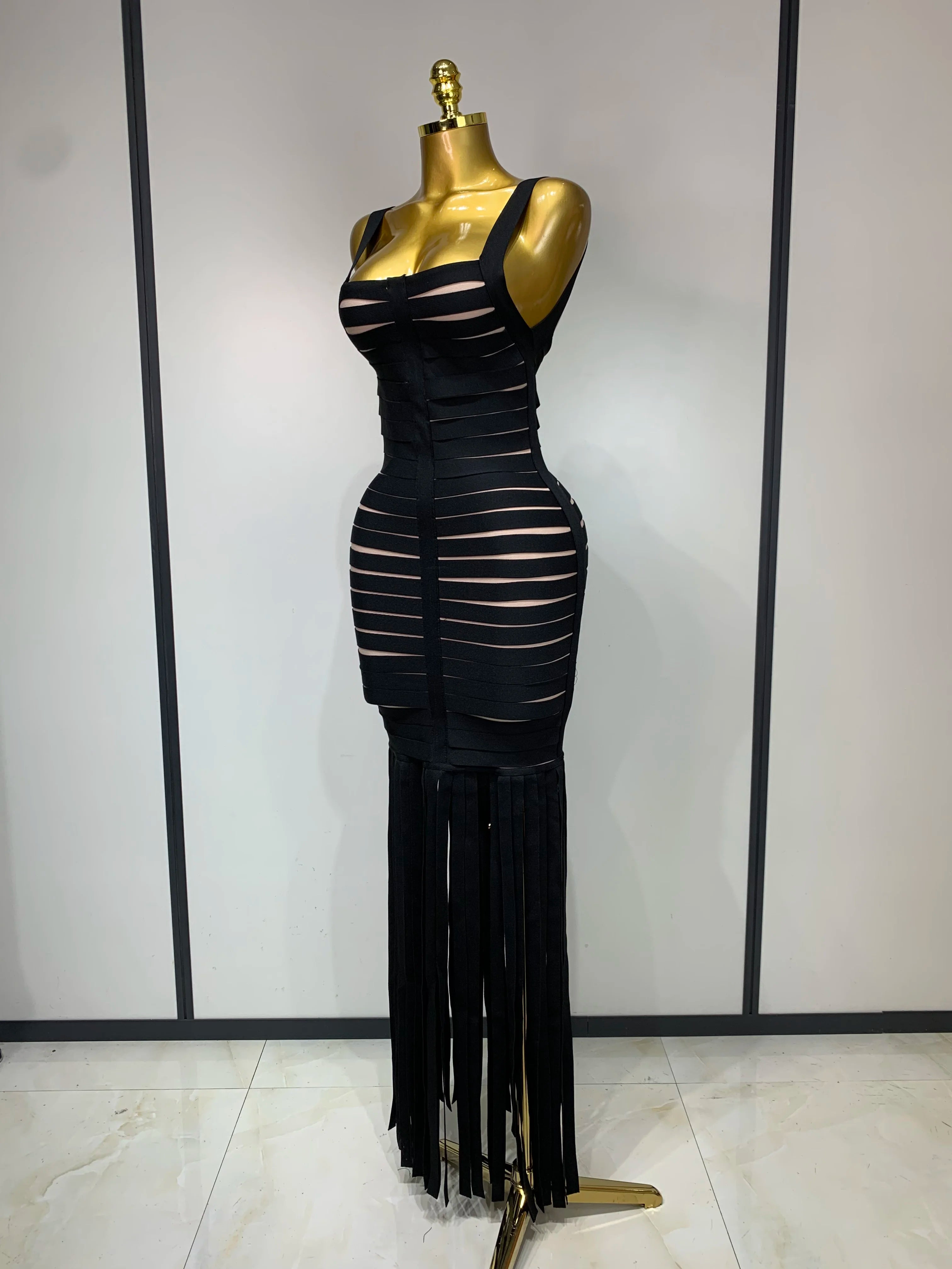 Women Sexy Sleeveless Square Collar Black Tassel Long Bandange Dresses Elegant Evening Party Birthday Gown Design Club Dress