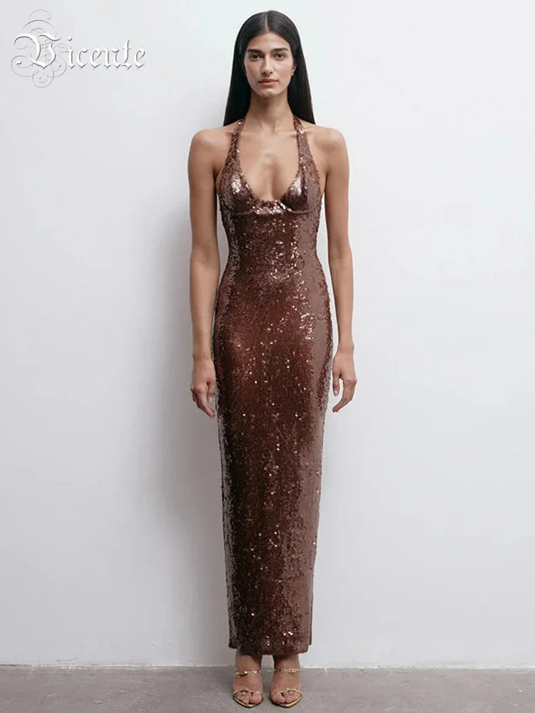 Gorgeous Sexy Brown Sequin Halter Backless Sleeveless V-Neck Dress Party Summer Evening Gown
