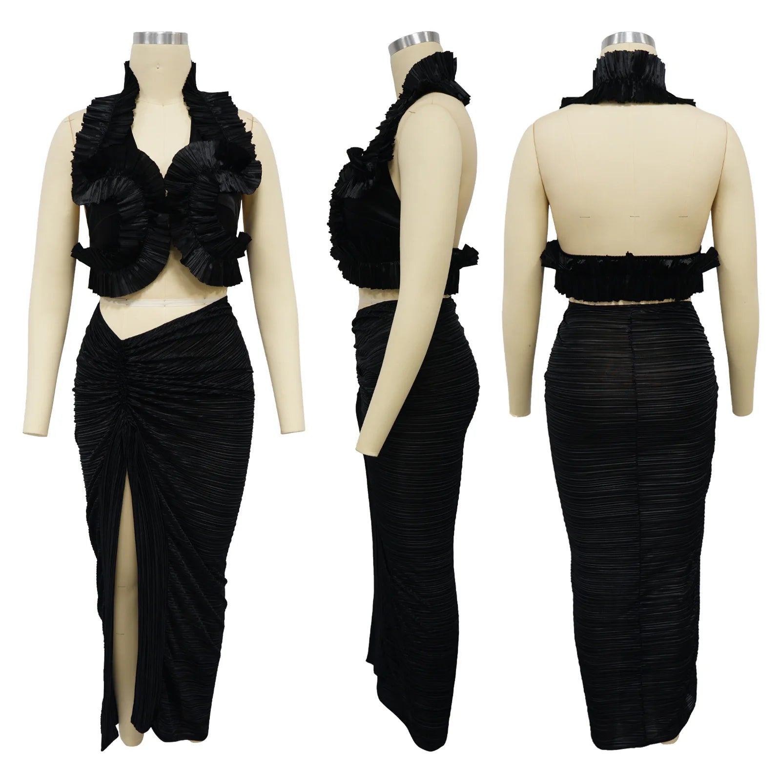 Women's Set Sleeveless V-neck Ruffles Crop Top and Ruched Split Skirts Suit 2024 Summer Street Two 2 Piece Sets Outfit