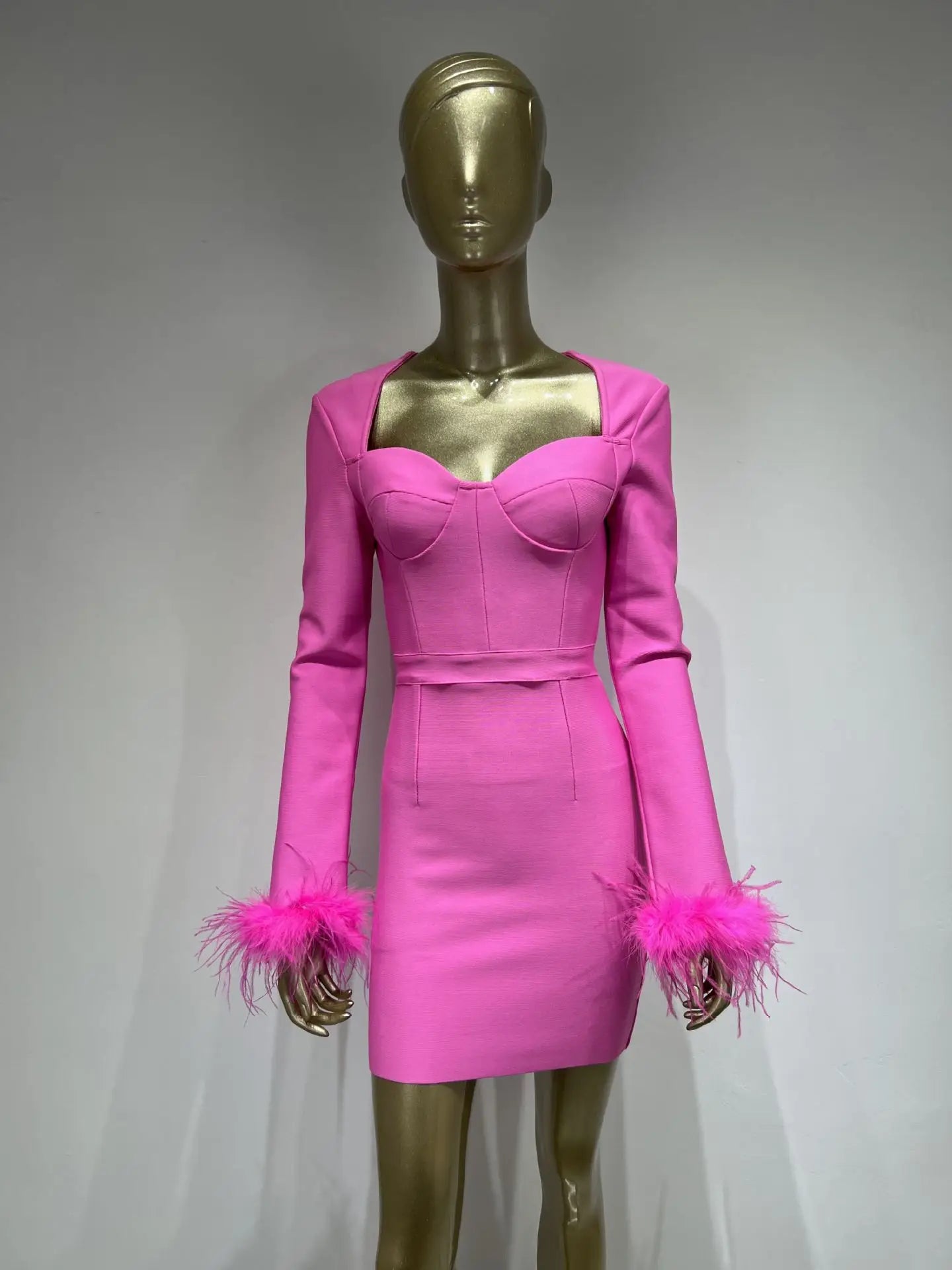 Women Winter Sexy Long Sleeve Feather Hot Pink Black Mini Bandage Dress Elegant Evening Club Party Dress