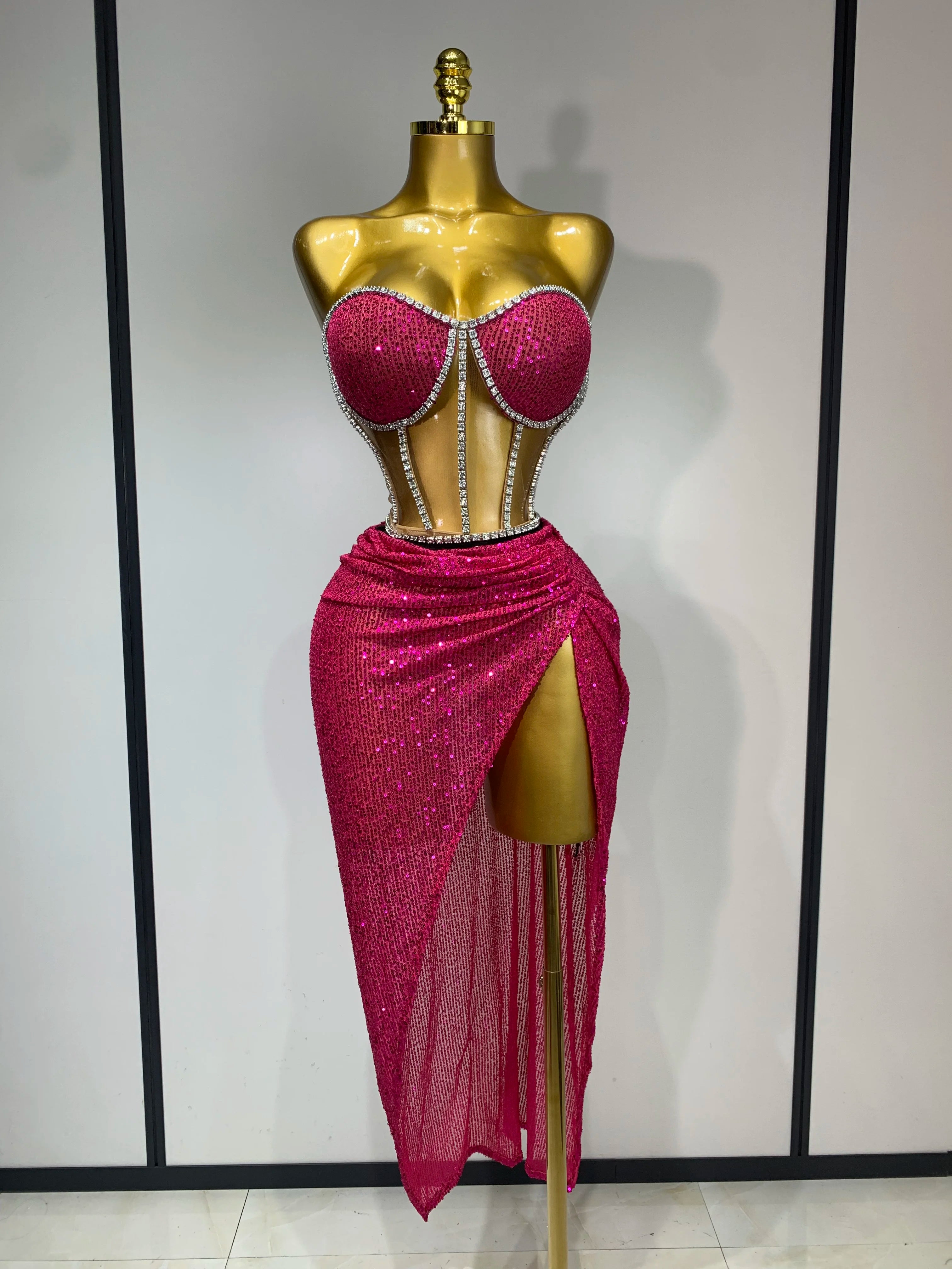 Women Sexy Nightclub Skirt Sets Strapless Diamonds Sequines Two Piece Sets Gogo Performance Outfit Evening Party Birthday Dress Rose Red