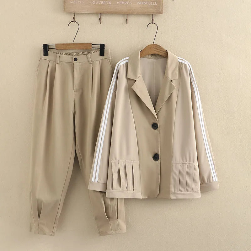 Plus Size Women's Suit Suit Collar Lapel Casual Jacket Elastic Waist Side White Strip Stitched Casual Suit Trousers Combination Khaki