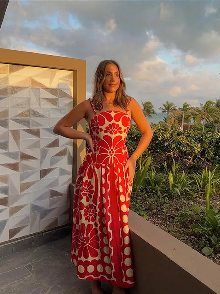 Fashion Red Print Spaghetti Strap Dress Women Sexy Backless Sleeveless Sling Robe Summer Female Casual Party Beach Vestidos