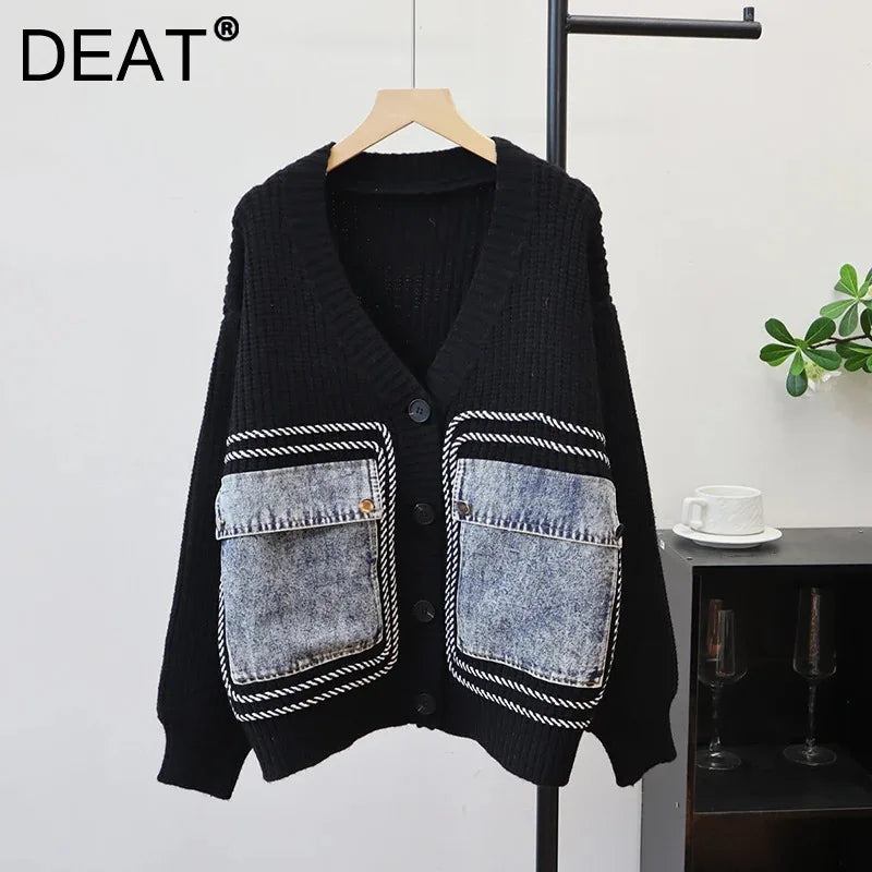 Autumn Winter New Design Patchwork Denim Pocket Knitted Cardigan For Women Loose Sweater Jacket Female Trendy 11A07745