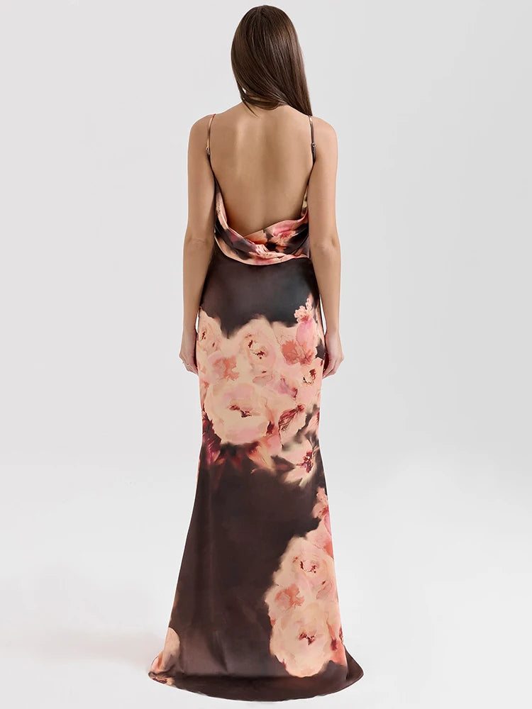 Mozision Satin Floral Print Sexy Maxi Dress Women Gown Elegant Spaghetti Strap Sleeveless Backless Bodycon Evening Club Dress