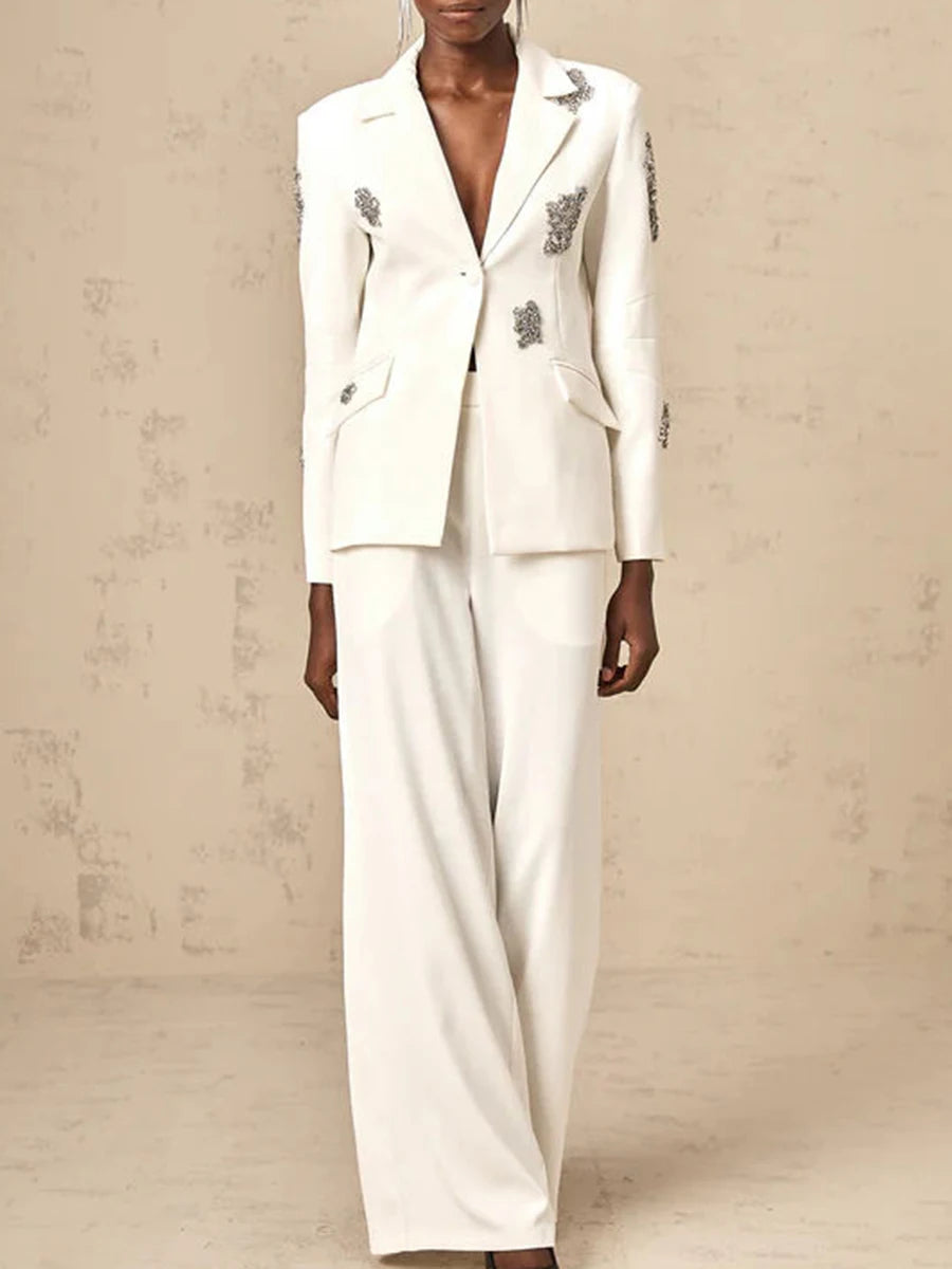 Solid Fashion Two Piece Set for Women Notched Spliced Pockets Blazer High Waist Wide Leg Pants Female Clothing New WHITE