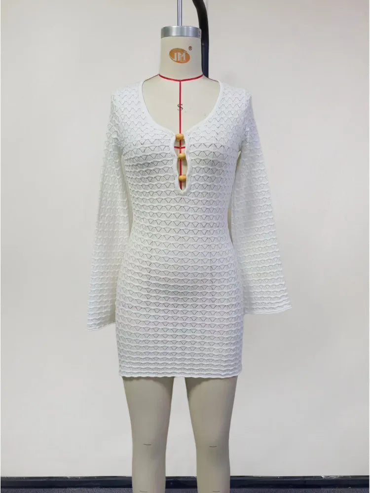Mozision Sexy Knitted Beach Dress For Woman White Hollow Out Deep V Neck Long Sleeve High Waist A-line Knit Dress Knitwear
