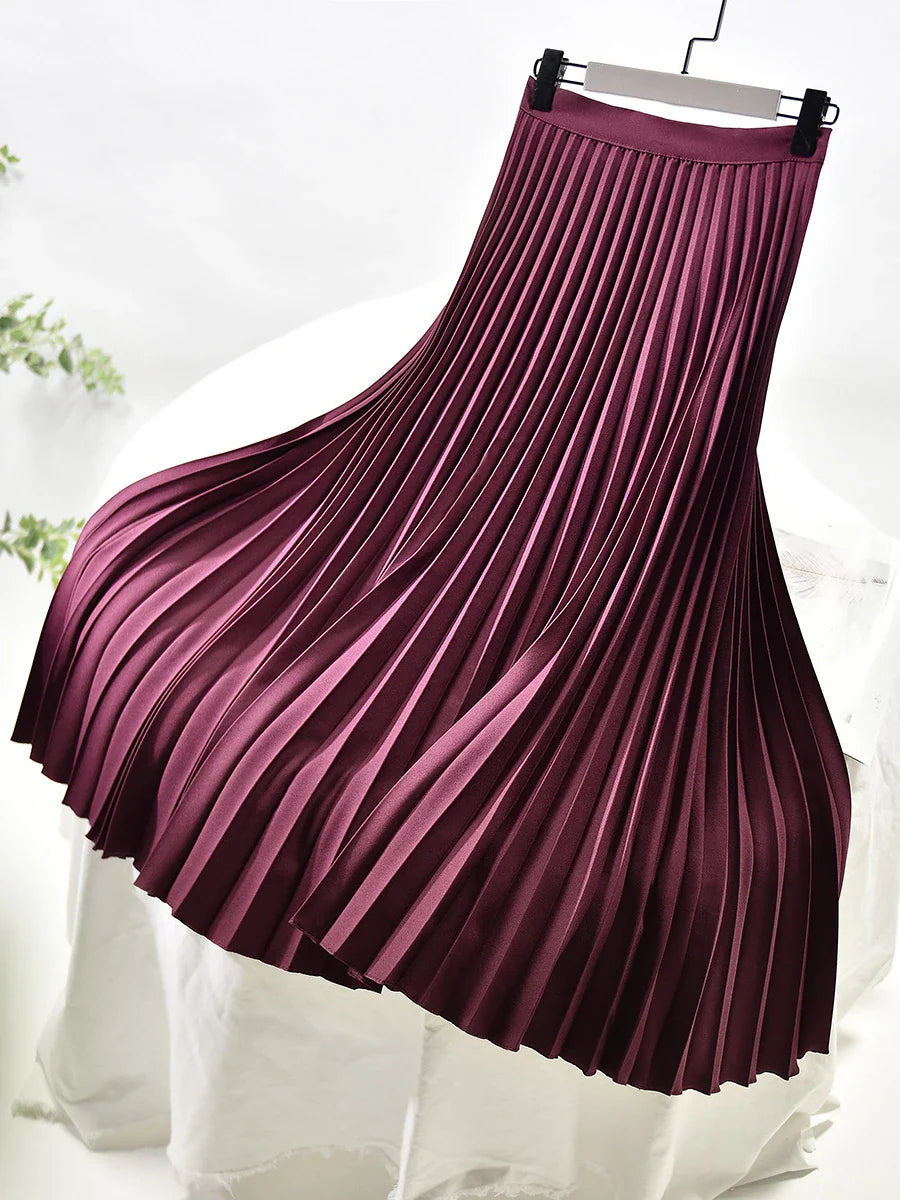 Brand Designer Women Spring Autumn Elegant Chic Solid Pleated Skirt High Waist Luxury Fashion With Elastic Female C-035 Claret