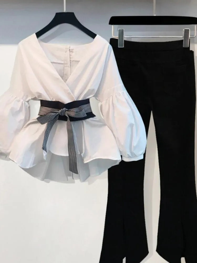 Lantern Sleeve Blouse Shirt Women 2023 Fashion Korean Style Summer Bow V-neck Striped Shirt Elegant Ladies Tops Female Clothing suit 1