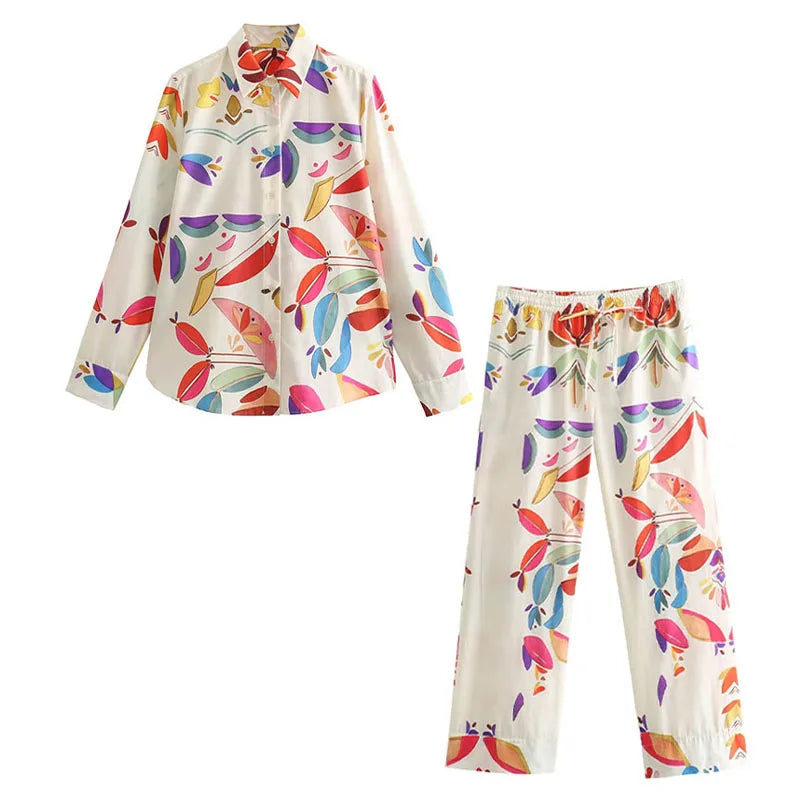 TRAFZA Women New Fashion Suit Print Turn-Down Collar Long Sleeves Buttons Single Breasted Shirts+Elastic Wais Wide Leg Pants Print Suit