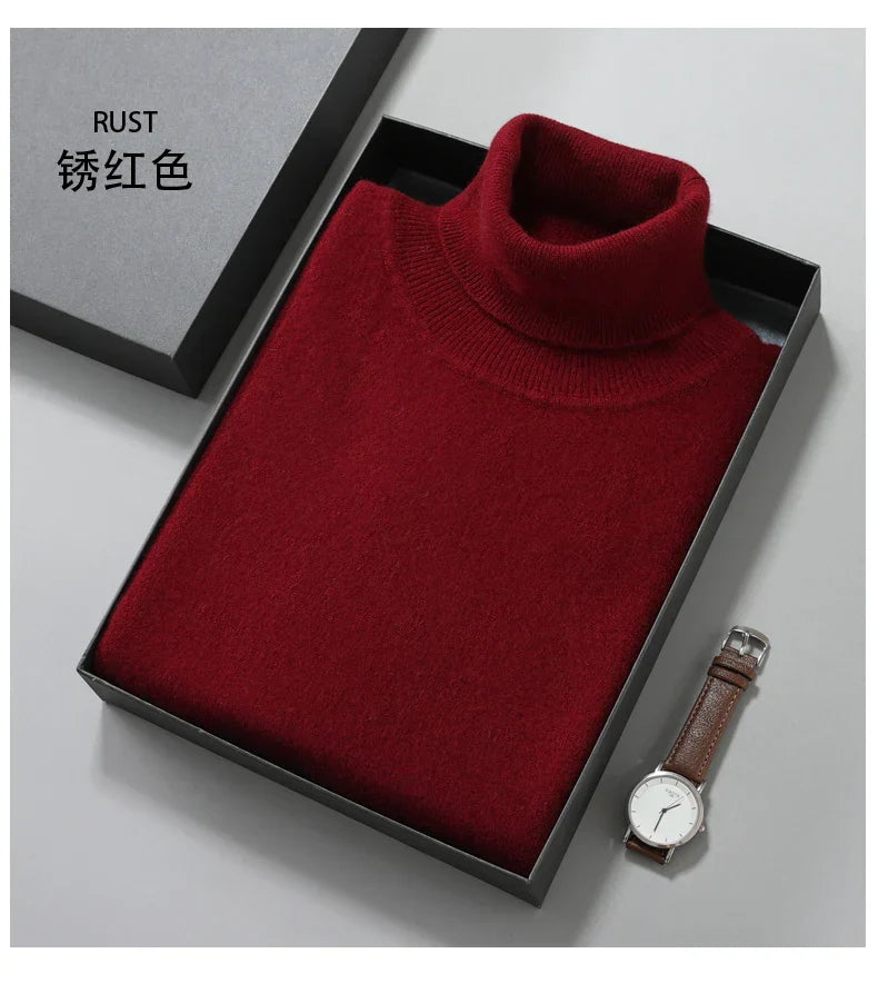 Turtleneck Men Pullovers Autumn Winter Soft Light Warm Rolled Neck Jumper Jersey Pull Homme Knitted Sweater dark red