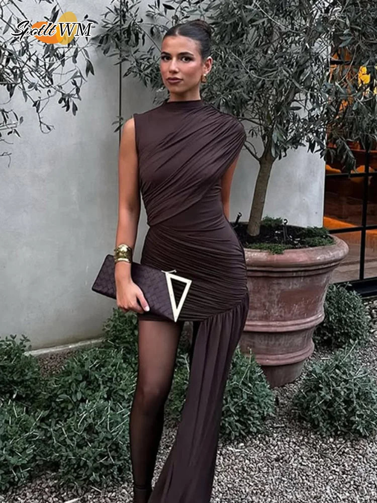 Brown Pleat Women Mini Vestidos Elegant Draped Ruched Turtleneck Sleeveless Slim Fit Dresses Summer Woman Club Party Short Dress