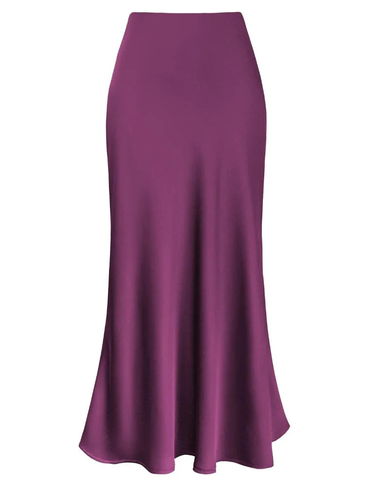 Women Satin Silk Skirts Summer Spring Korean Fashion Clothing Office Ladies Long Skirt Elegant Black Maxi Skirts for Women Purple