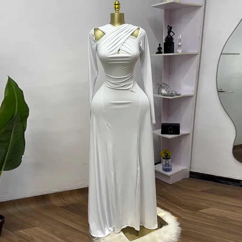 2025 Summer Women O-neck Long Sleeve Mermaid Maxi Dress Birthday Beach Sexy Night Party Club Long Dresses White
