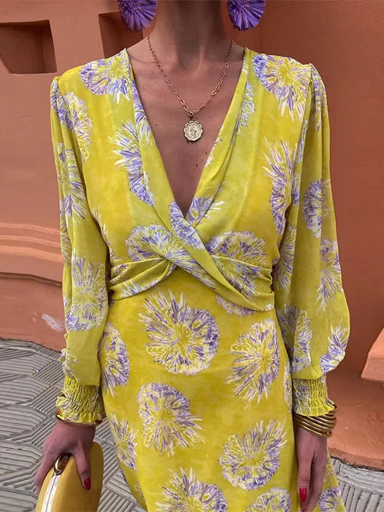 Elegant Flower Print Maxi Dress For Women Fashion Pleated V-neck Long Sleeve Slim Robe Spring New Lady High Street Vestidos