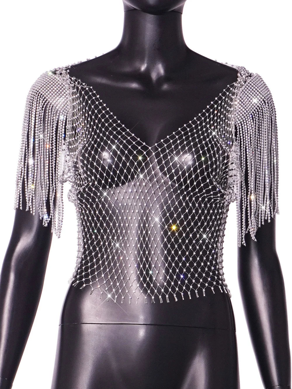 Women's Sexy V-neck Rhinestone Short Crop Top Blink Crystal Tassel Fringe Shoulder Decor Diamond Fishnet Shirt Silver