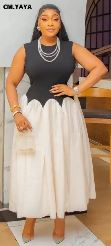 Summer Elegant Sleeveless Sweet O-Neck Patchwork Long Women Dress Beach Party Evening Sexy Pleated Big Swing Dresses