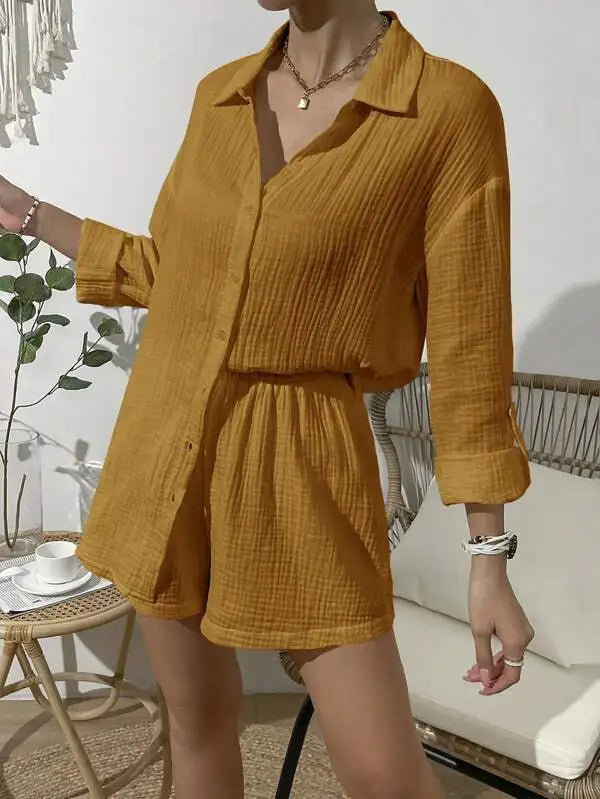 100% Cotton Gauze Muslin Sets For Women 2 Pieces Long Sleeve Shirts And Loose High Waist Mini Shorts Sets Ensemble Femme caramel