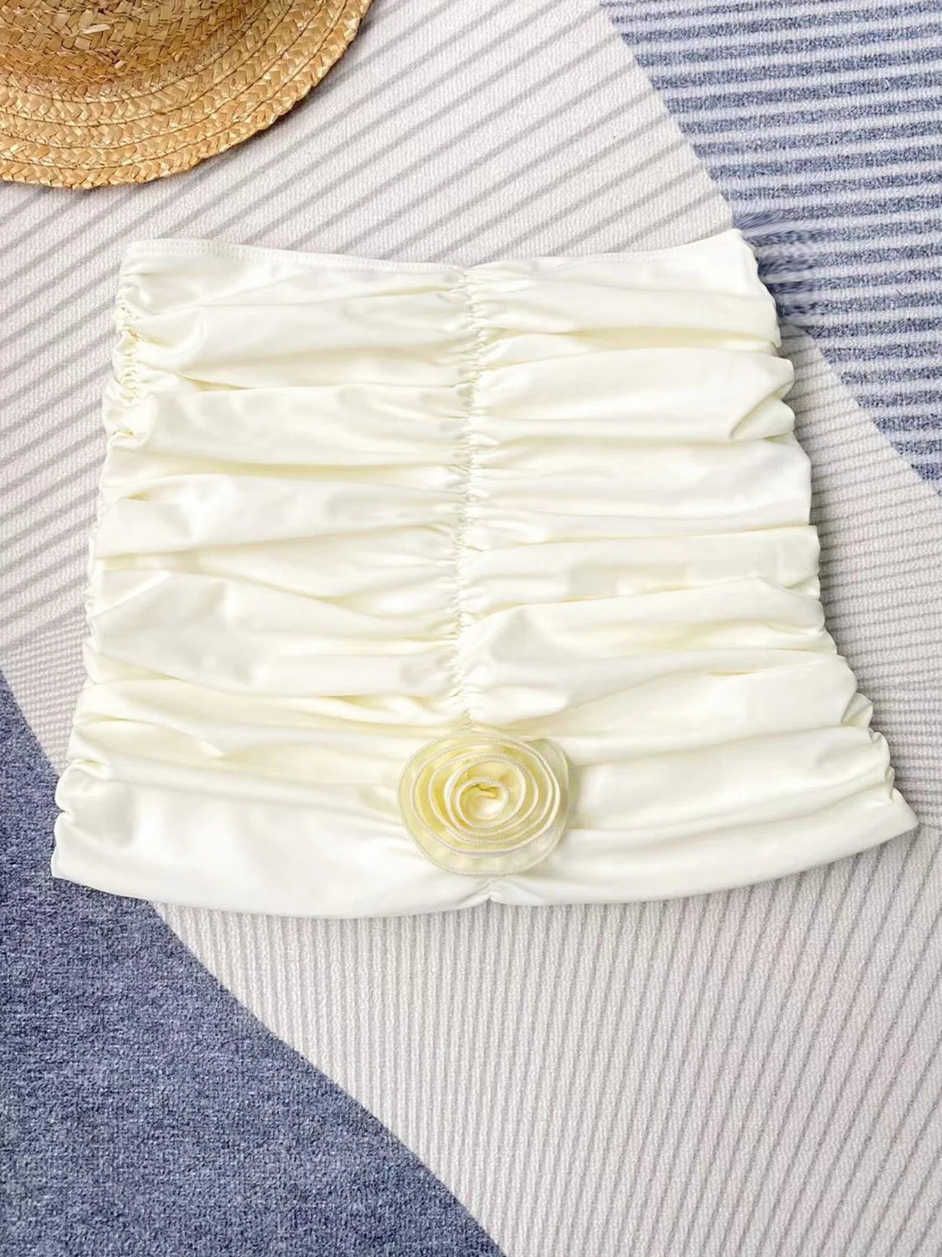 New Sexy Flower Bandeau Three Pieces Bikini Set Swimsuit For Women Bandeau Push Up Swimwear Female Bathing Suit Beach Skirt Beige Dress