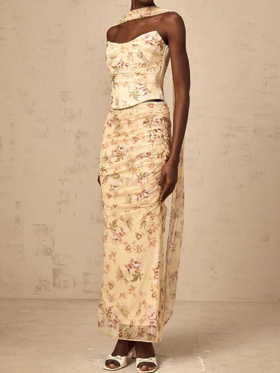 Colorblock Slimming Spliced Mesh Dresses for Women Strapless Sleeveless Patchwork Printing Dress Female Clothing