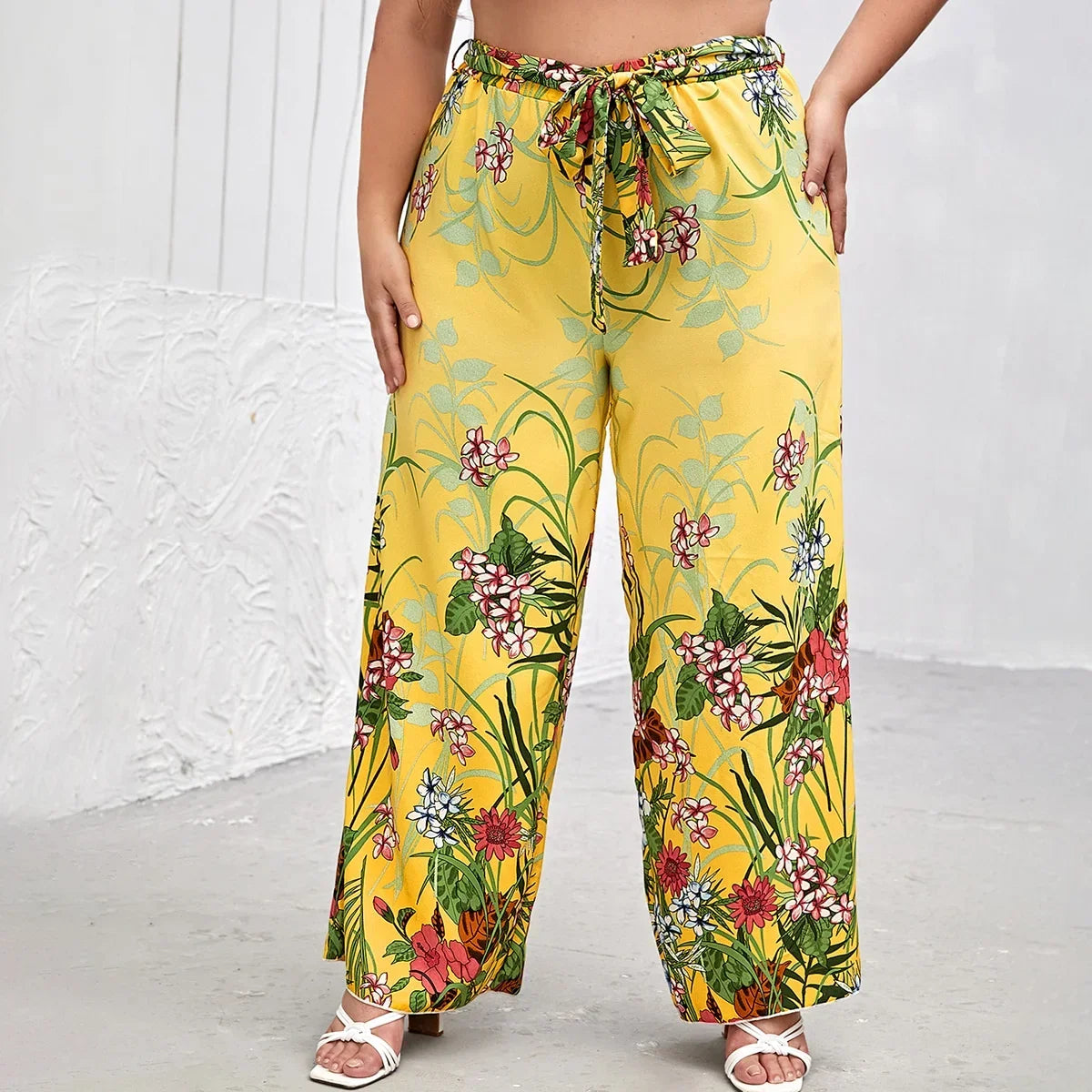 Plus Size Floral Print Summer Elegant Wide Leg Pants Elastic Waist Sashes Casual Yellow Boho Pants Trousers Large Size 6XL 7XL