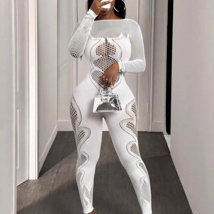 2025 O-neck Full Sleeve Women Mesh Hollow Out Jumpsuits Casual Night Club Sexystreet Sexy Perspective Outfits Rompers