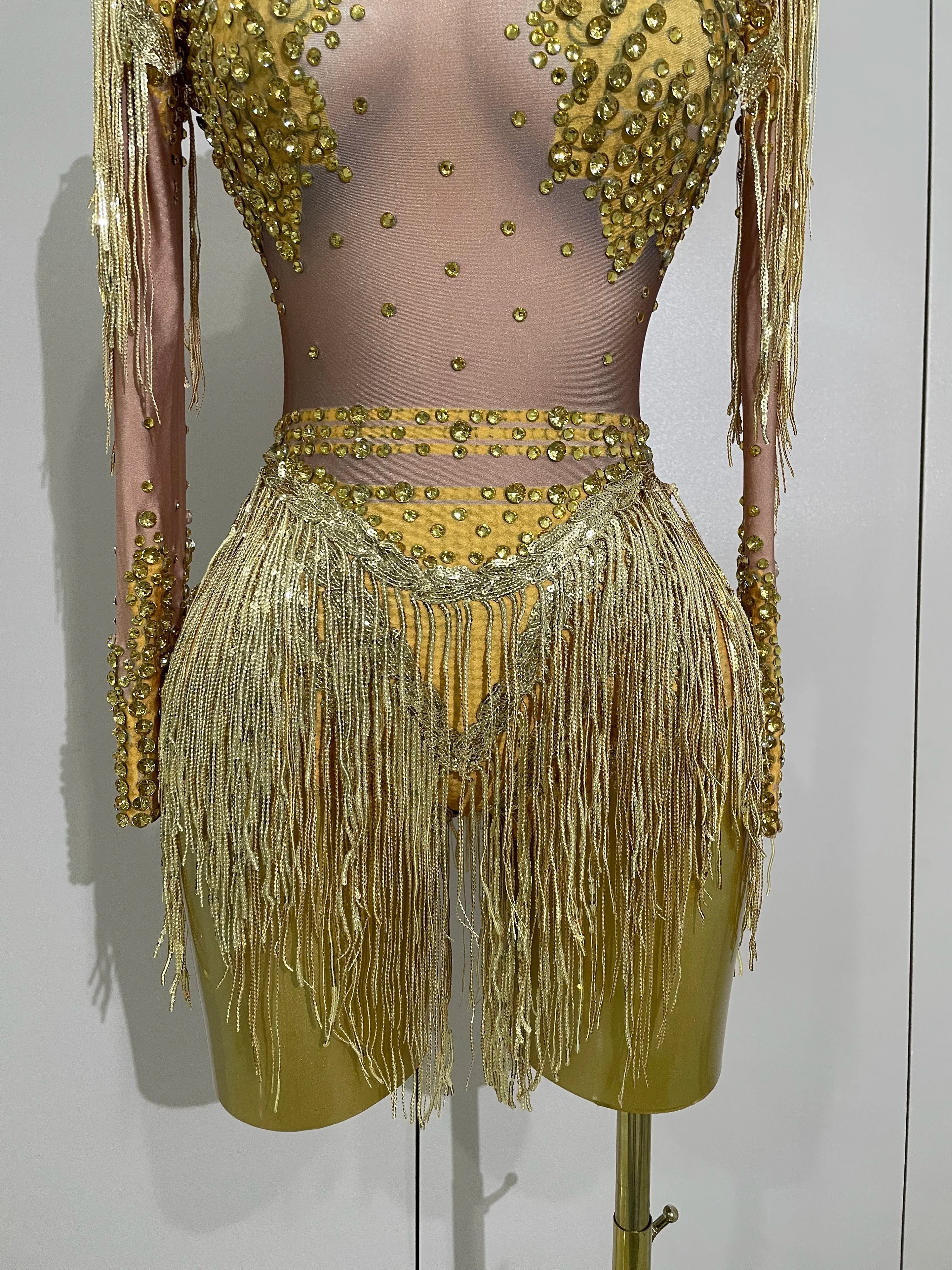 Sparkly Rhinestone Sequin Tassel Stretch Bodysuits 2025 Women Birthday Party Nightclub Dj Stage Performance Costume