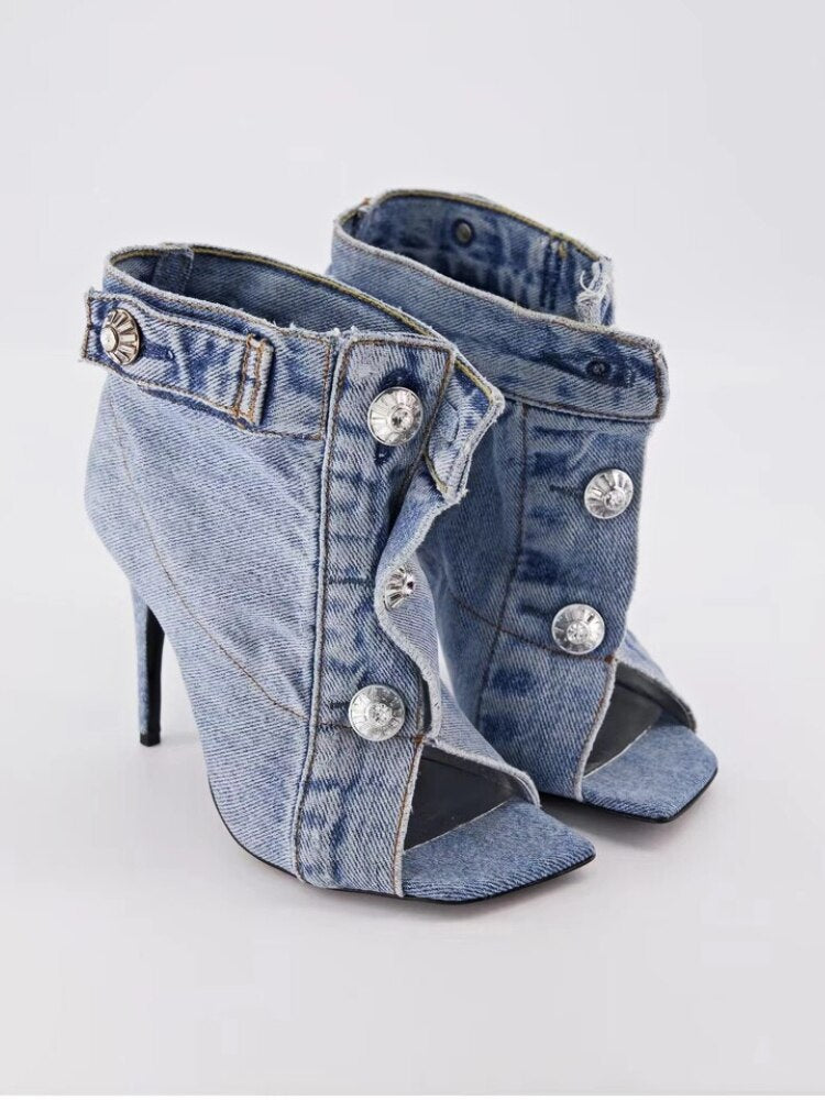 Summer Brand New Pocket Design Fashion Denim High Heel Sandals Popular Charming Woman Shoes Comfort Slippers Big Size Blue 1
