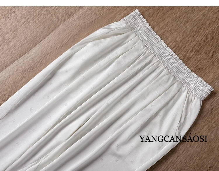 Women's Fashion New 24MM 93%Natural Mulberry Silk Versatile Jacquard Elastic Solid Color Satin Elastic Waist Casual Harlan Pants