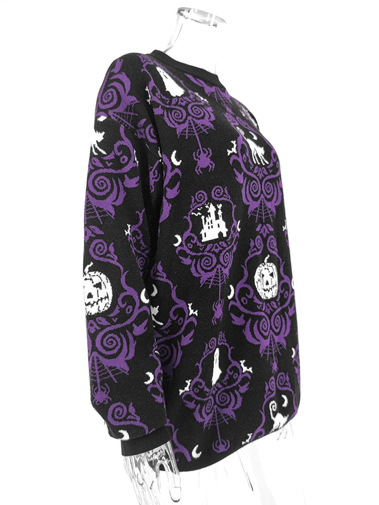 Yangelo Gothic Halloween Women's Pullover Round Neck Pumpkin Pattern Loose Long Sleeve Warm Autumn and Winter Street Y2K Sweater