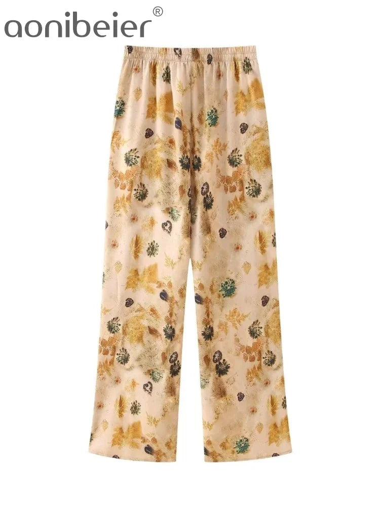 Aonibeier Thin Satin Printed Women Loose Shirt Suits Traf Summer Long Sleeve Casual Blouse Female Wide Pants Sets Y2K