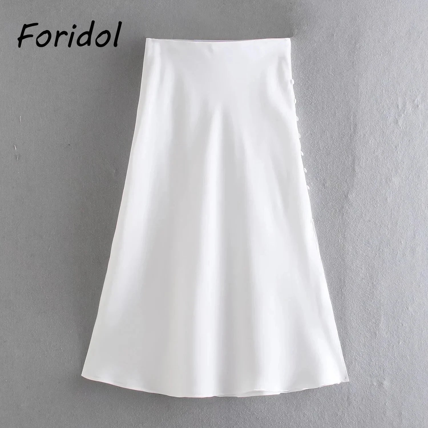 Foridol High Waist Button Slit Midi Satin Skirts Womens Autumn A-line Silk Elegant Skirt Bottoms Office Skirt Faldas Mujer