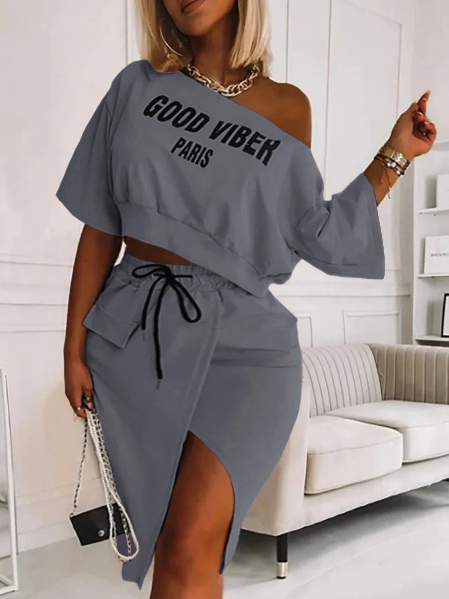 LW Plus Size Two Piece Good Viber One Shoulder Letter Print Set Crop Top+High Split Skirt Elegant Matching Outfits For Women GRAY