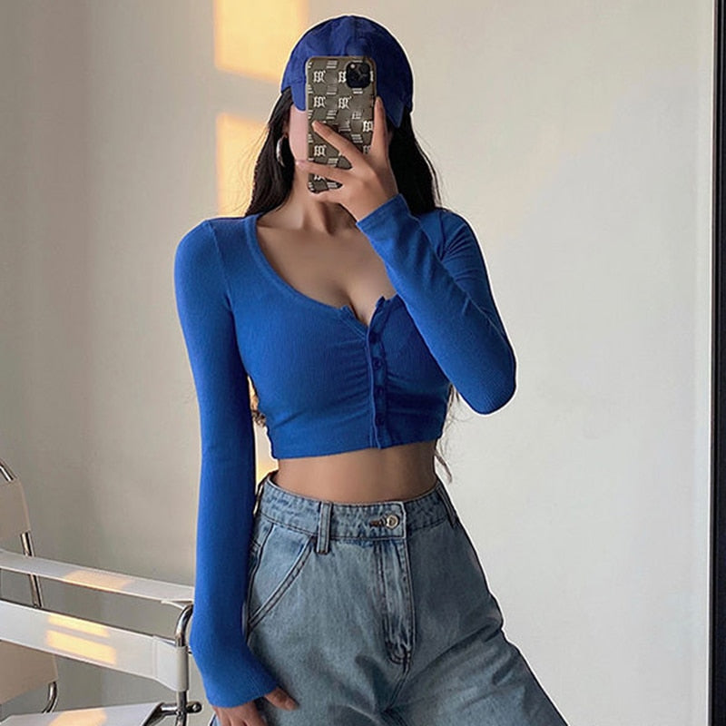 Xpqbb White Long Sleeve Crop Top Women Y2K Sexy Skinny Night Club Short T-Shirt Female 2024 Summer Thin Button Knitted Blouse