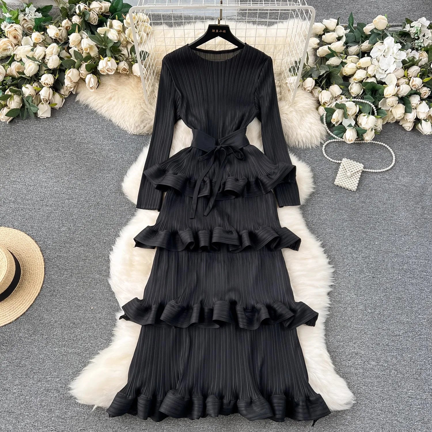 Miyake Multi-layer Cascading Pleated Dress Women O Neck Long Sleeve Solid Color Ruffles Cake Belt Dress Female Party Clothing black One Size