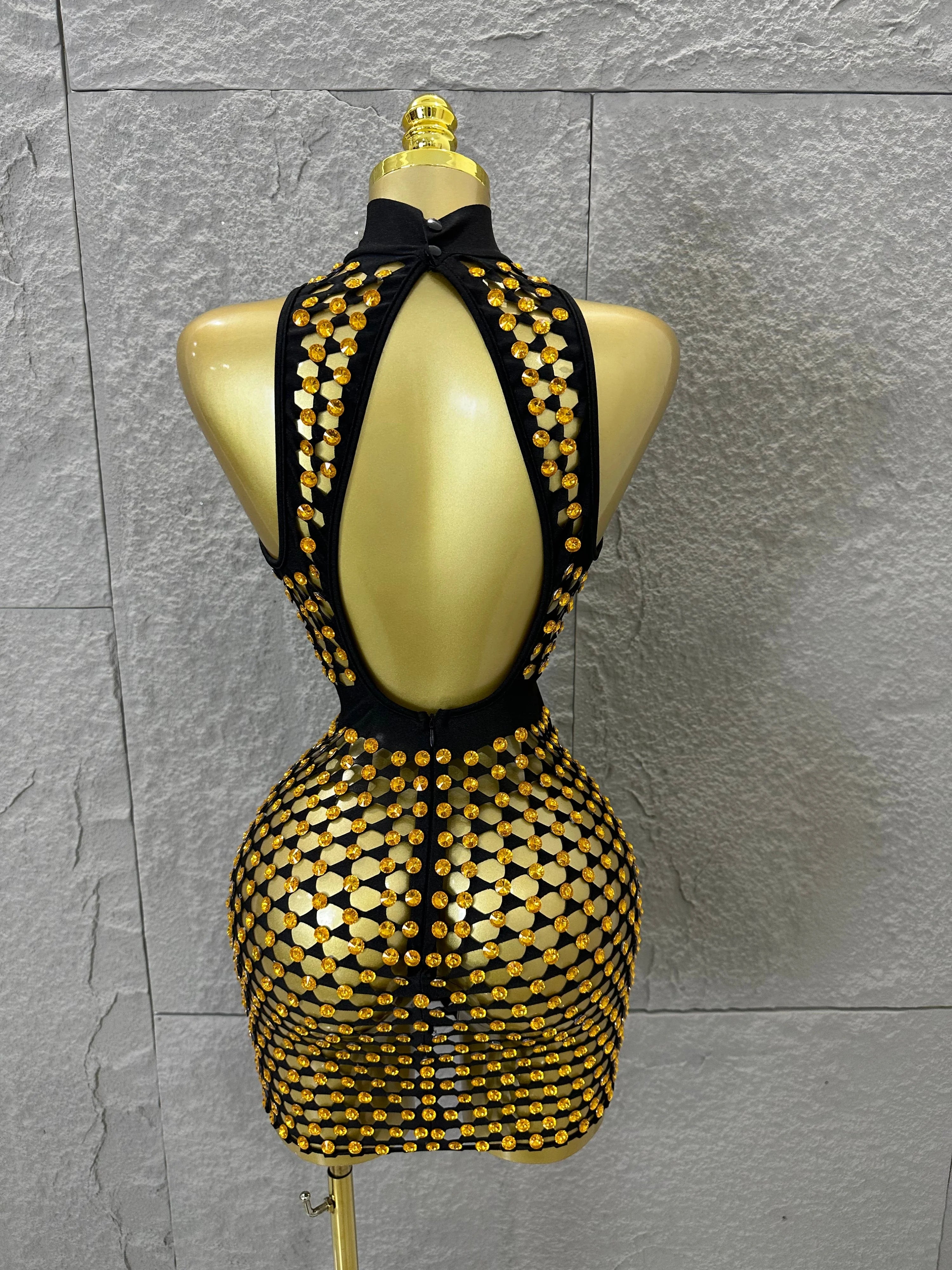 Luxury 2026 Glamorous Black Mesh Halter Mini Dress Sparkle Rhinestone Gold Silver Bead Bodycon Bar Stage Performance Costume