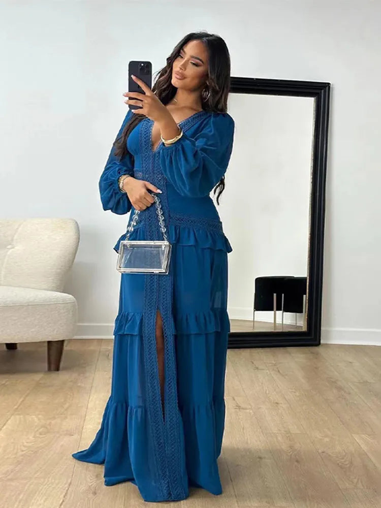 Women Elegant Layered Ruffles Patchwork Long Dress Chic V Neck Puff Full Sleeves Split Maxi Dresses Fashion Lady Party Robes