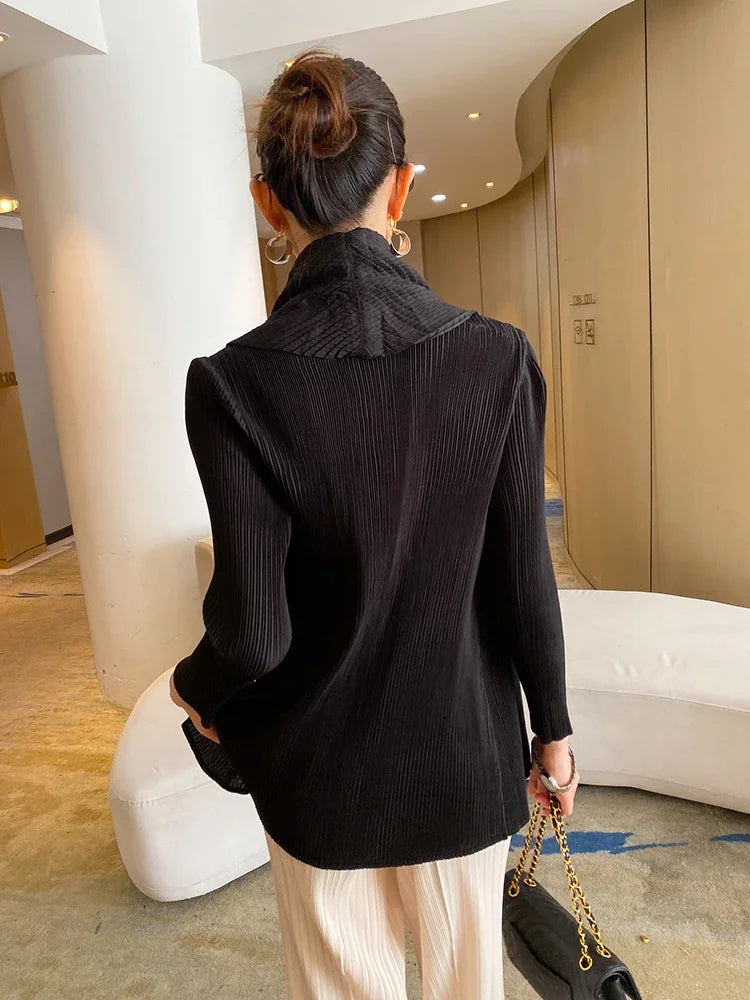 ALSEY Miyake Pleated Fashion Short Coats Women's Fall Winter New Black Loose Open Stitch Turn-down Collar Korean Jackets
