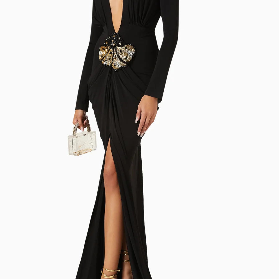 2025 New Spring Women Long Sleeve Deep V-Neck Bodycon Long Dress Elegant Evening Party Celebrate Cocktail Outfit Vestido