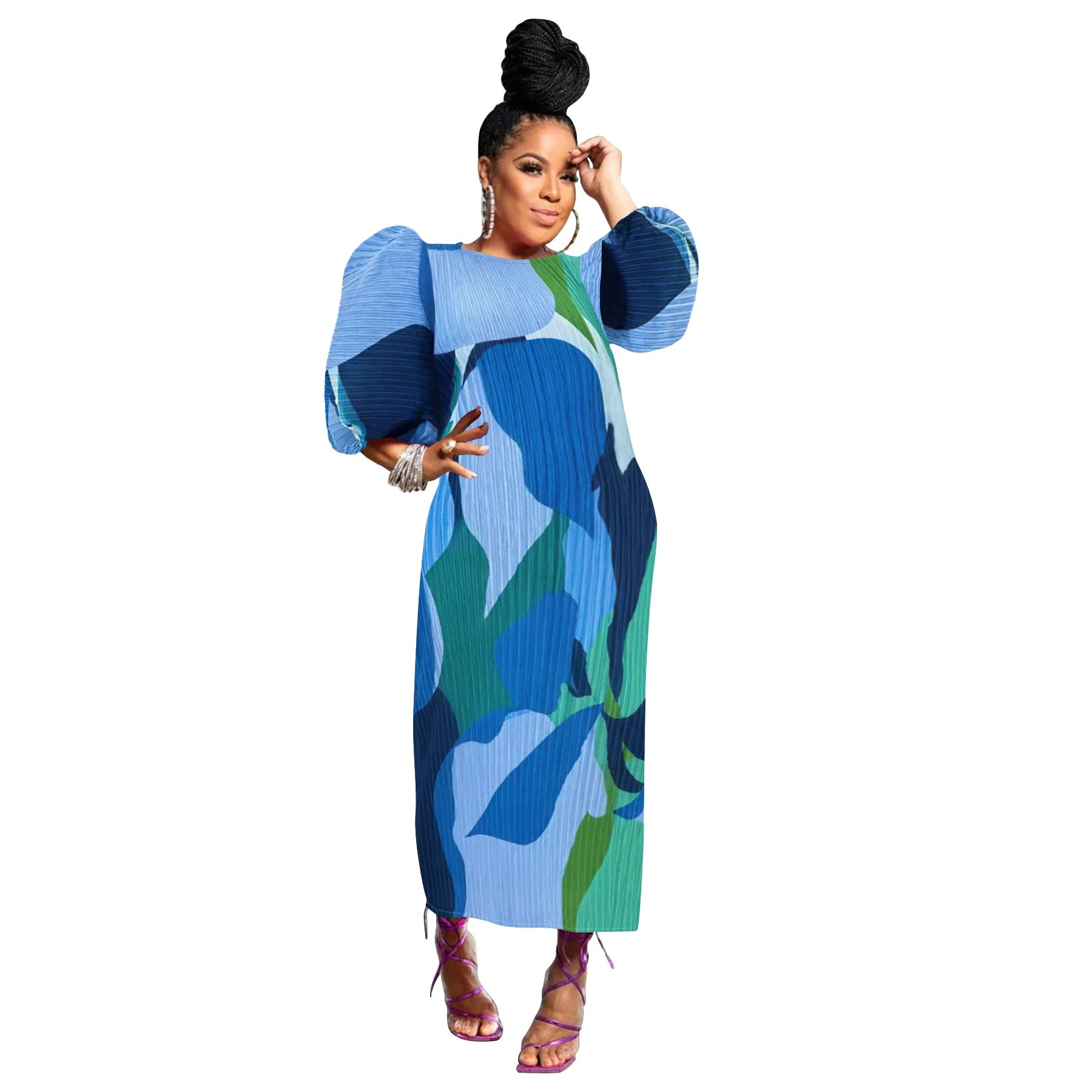 Elegant Women Pleated Half Lantern Sleeve O-neck Slim Maxi Long Dress Print Fashion Autumn 2024 Ruched Dresses Vestidos Blue One Size