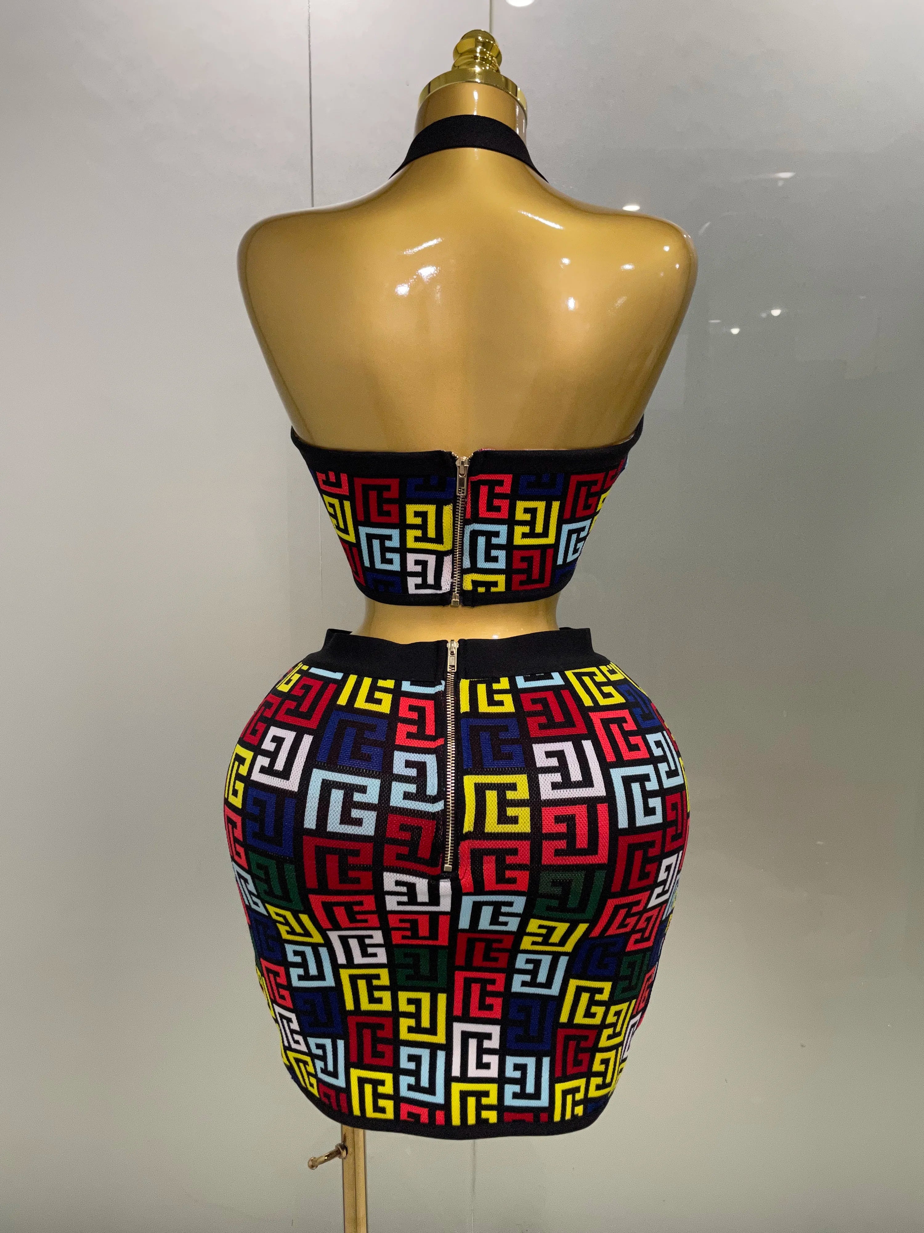 Women 2025 New Sexy Backless Halter Jacquard Two Piece Mini Skirt Bandage Set Celebrity Designer Evening Party Women's Set