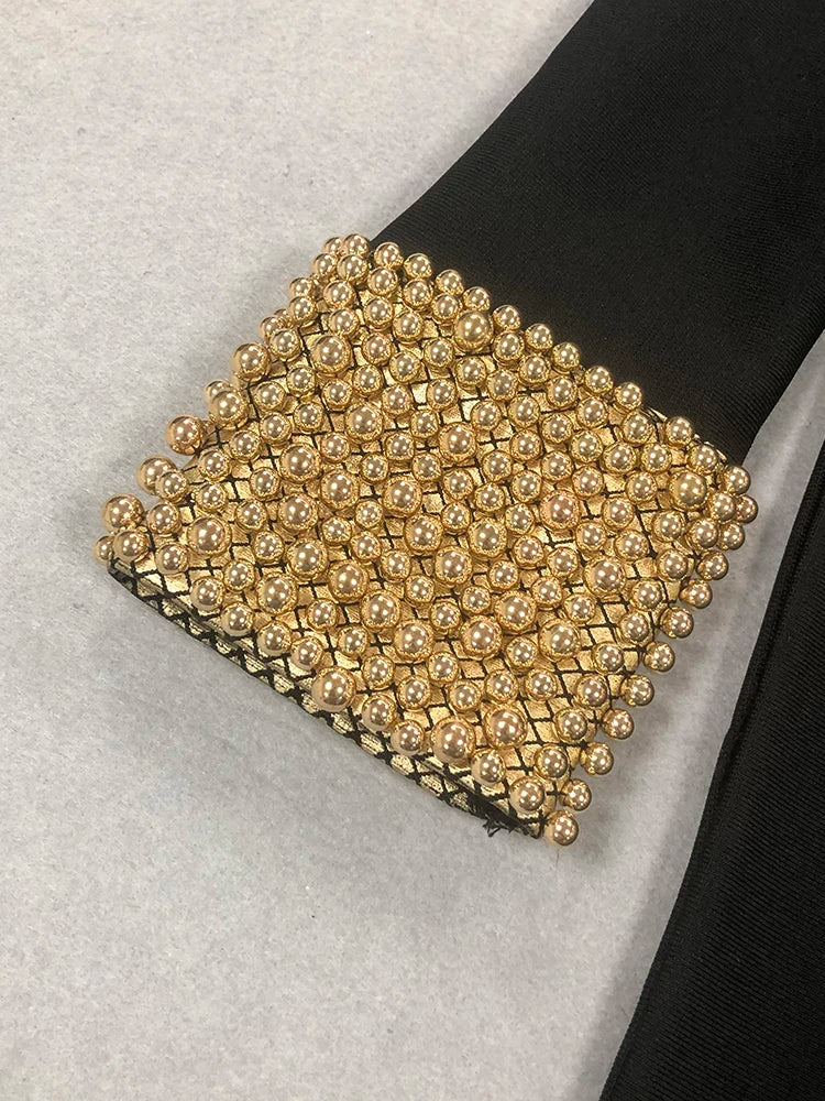 Winter Black Women Long Sleeve Sexy Golden Beading Bodycon Bandage Maxi Runway Cocktail Celebrity Evening Club Party Dress
