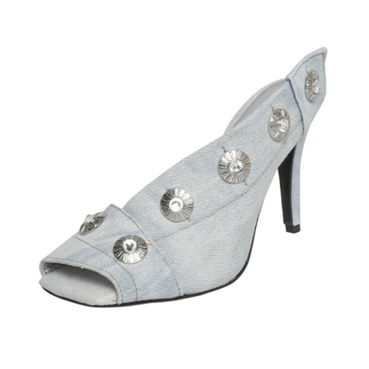Women's Summer European and American Vintage Denim Slim High Heel Button Sandals Fashion New Open Teeth Large Size Sandals 136-Baby blue