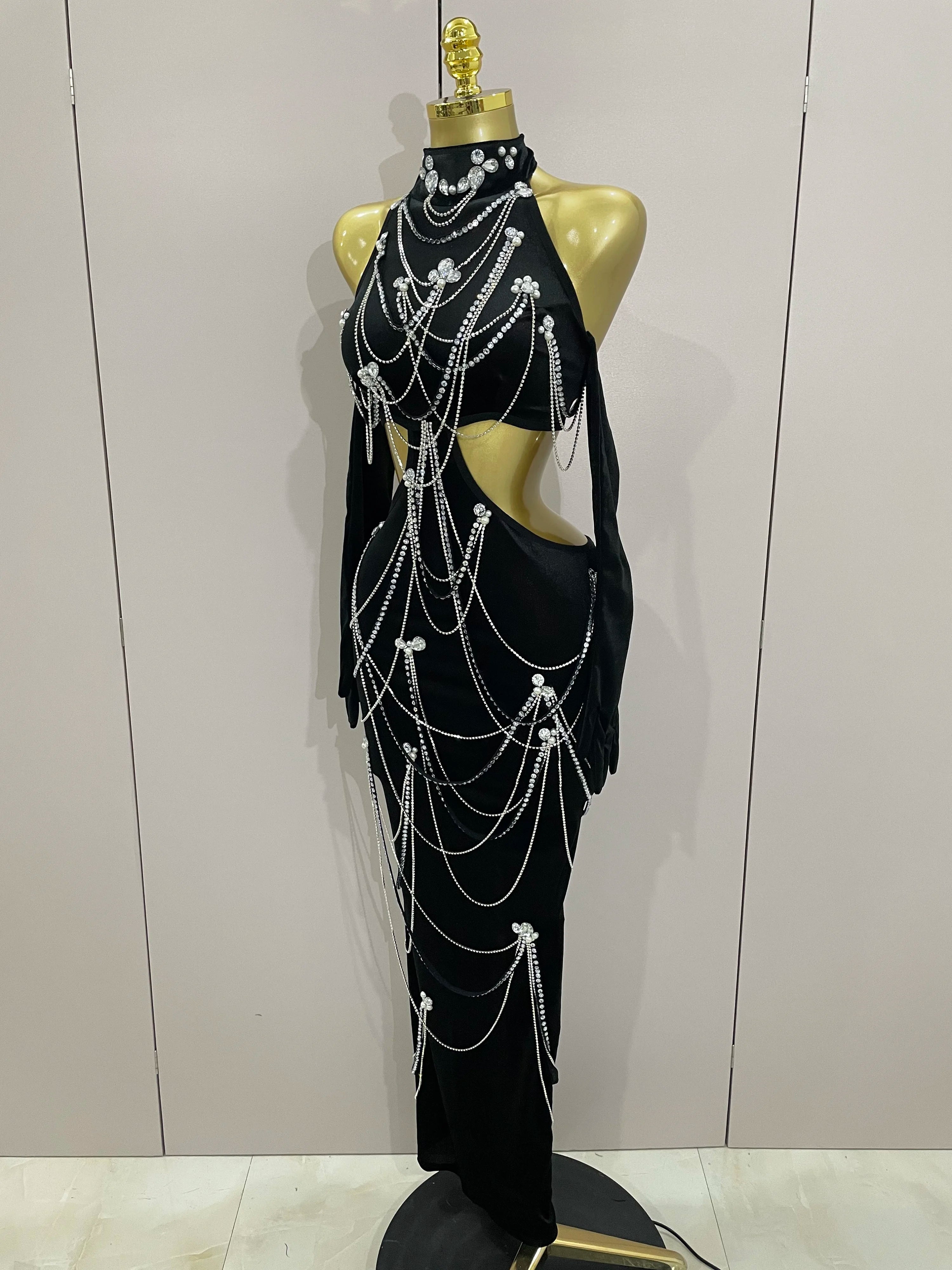 2025 Women Sparkly Diamonds Tassels Chain Balck Sexy Halter Backless Long Dress Evening Birthday Party Celebrate Stage Costume