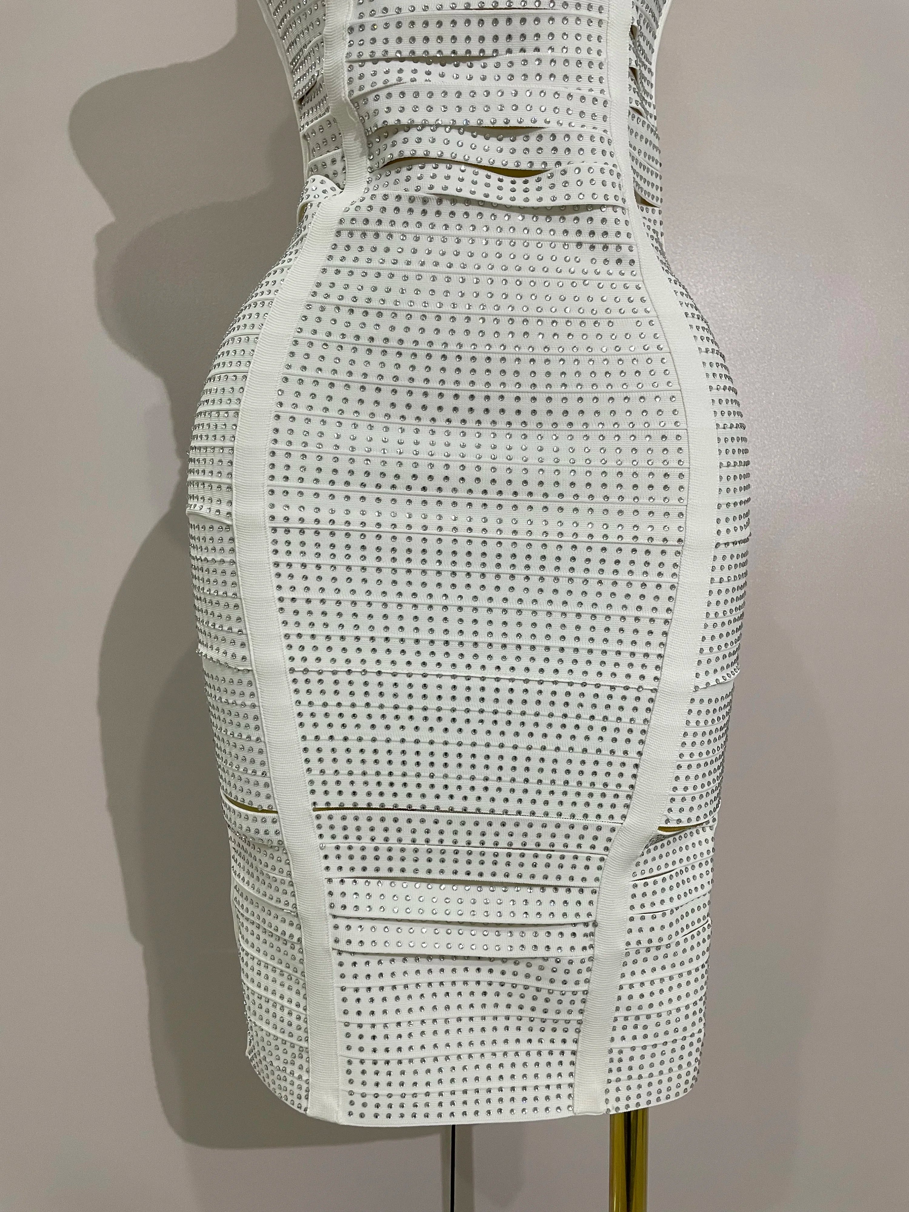 Shiny Diamond White Sleeveless V-neck Slim Short Dress 2025 Women Elegant Evening Club Prom Birthday Cocktail Dresses Vestido