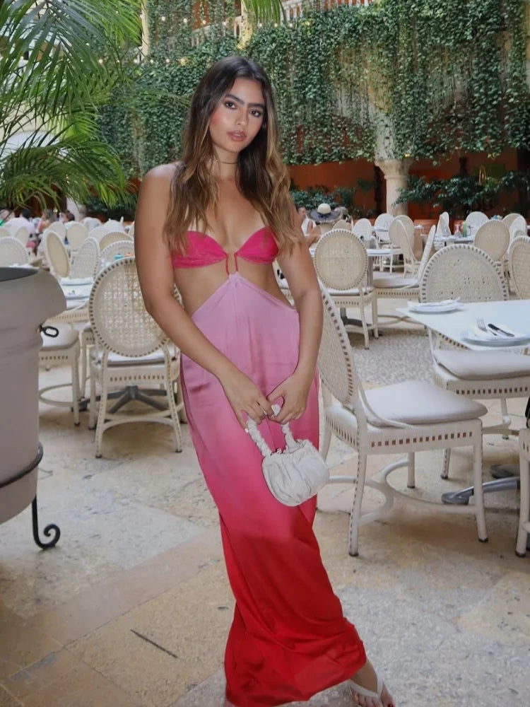 Fashion Gradient Hollow Out Long Dress Women Elegant Cut Out Satin Off Shoulder Dresses New Summer Lady High Street Party Robes