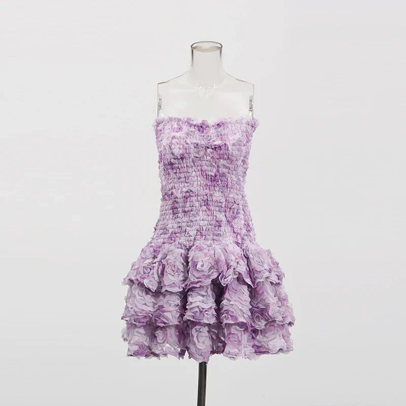 Colorblock Fashion Temperament Dresses for Women Strapless Sleeveless Patchwork 3D Flowers Dress Female Clothing PURPLE